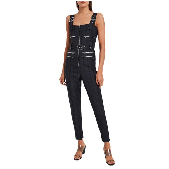 We Wore What Navy Moto Plaid Twill Jumpsuit